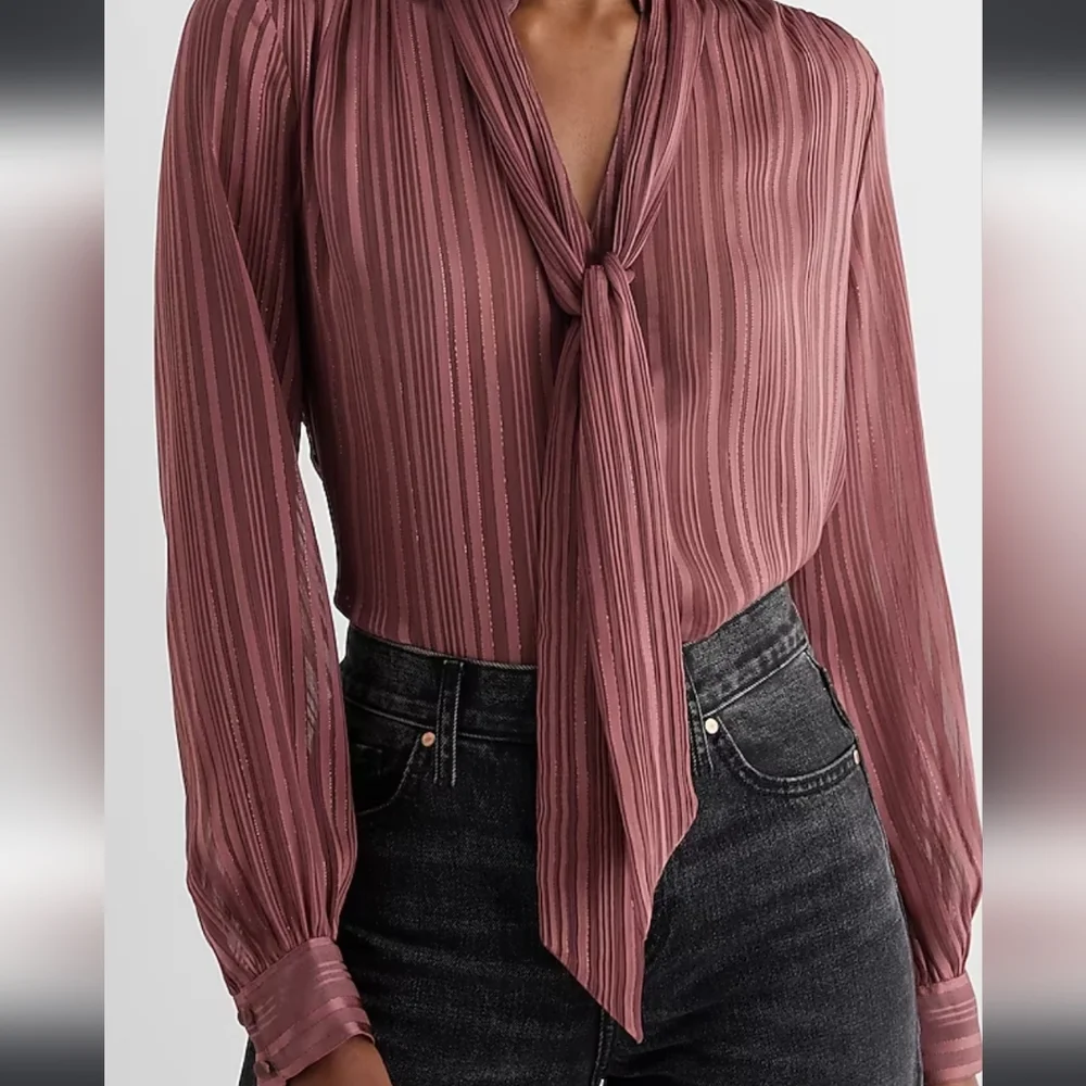 Express Tie Neck Relaxed Portofino Button Down Shirt - Size S - Picture 4 of 14